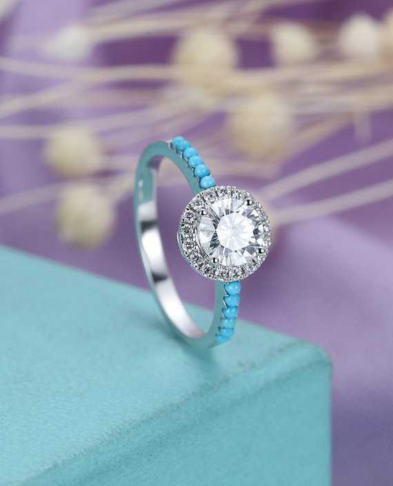 Vintage Moissanite Engagement Ring Turquoise Pave Band Art Deco Ring White Gold Wedding Ring Halo Diamond Ring Unique Ring Anniversary Ring