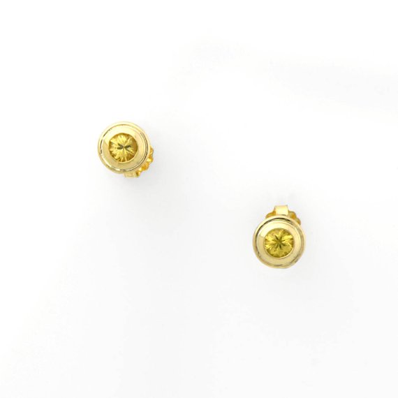 Sapphire Earrings Hugged By 14k Gold, Timeless Faceted Yellow Studs