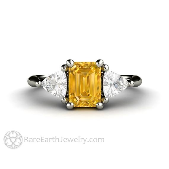 Yellow Sapphire Engagement Ring Vintage Style Emerald Cut 3 Stone Yellow Sapphire Ring With Trillions Three Stone 14k Or 18k Gold