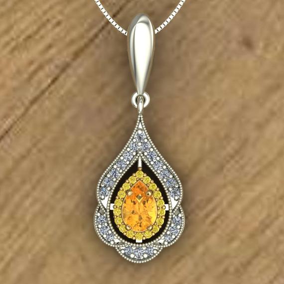 Pear Cut Yellow Sapphire And Yellow Diamonds Double Halo Scallop Edge Pendant In 14k Two Tone Gold - An Original Design By Charles Babb