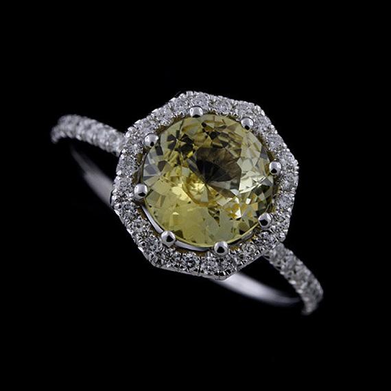 Yellow Sapphire Ring, Octagon Halo Engagement Ring, Half Way Diamond Ring, Micro Pave Diamond Ring, Gold Platinum Modern Style Ring