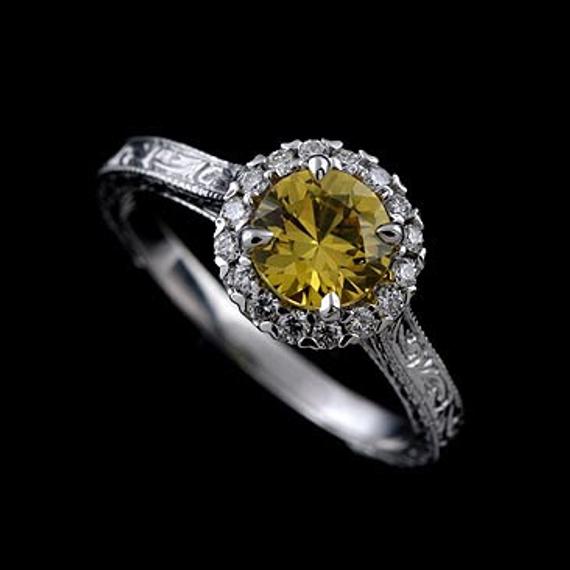 Yellow Sapphire Ring, Vintage Inspired Engagement Ring, Halo Diamond Ring, Engraved Milgrain Engagement Ring, Gold Platinum Color Stone Ring