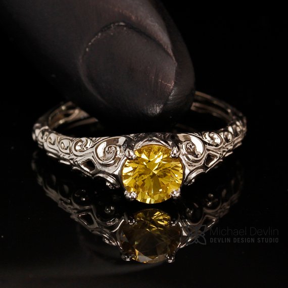 Yellow Sapphire Ring, Floral Scroll Style, 14k White Gold, .78 Carat Round Sapphire