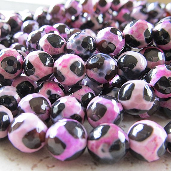 Agate Beads 8mm Sparkling Faceted Fuschia Pink & Deep Purple Animal Print Rounds - 8 Inch Strand