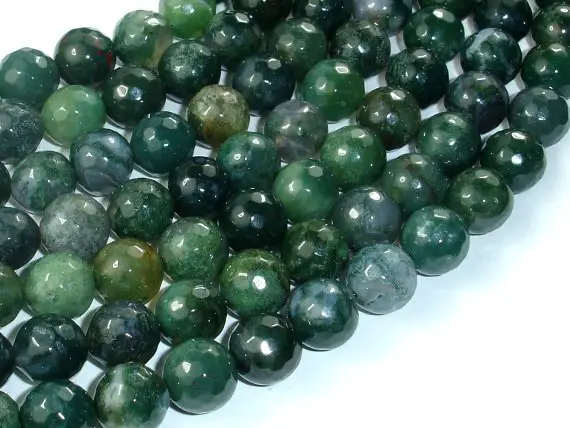 Moss Agate Beads, 10mm Faceted Round Beads, 15 Inch, Full Strand, Approx 37 Beads, Hole 1mm, A Quality (323025006)