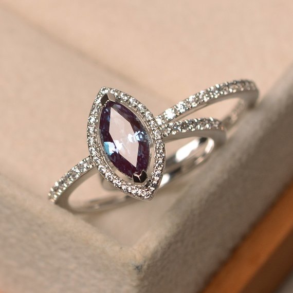 Alexandrite Engagement Ring, Marquise Cut Halo Ring, June Birthstone, Sterling Silver Ring, Color Changing Gems Ring, Set Rings