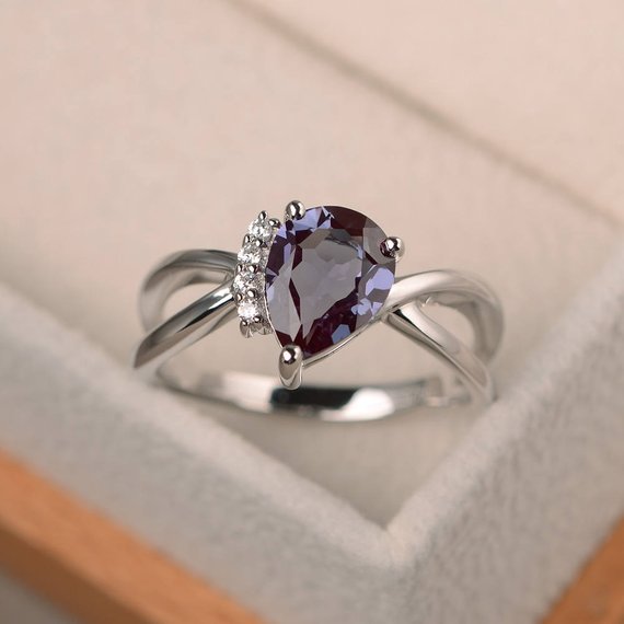 Alexandrite Ring, Engagement Ring, Pear Cut Ring, Color Changing Gemstone, June Birthstone, Sterling Silver Ring