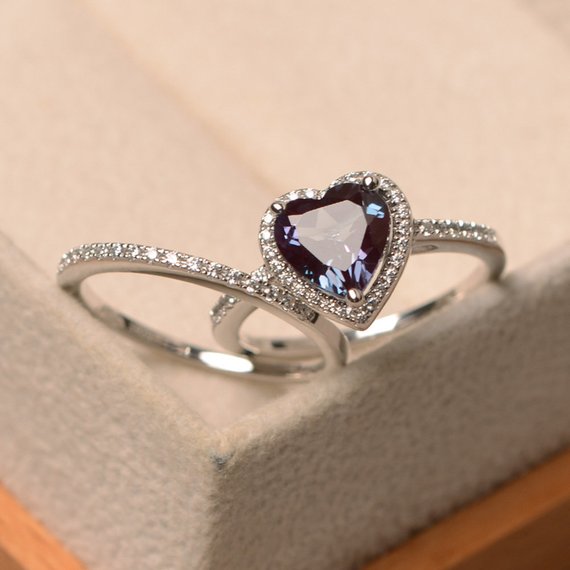 Lab Alexandrite Proposal Ring, Heart Cut, Set Rings, Engagement Ring With Band, Halo Ring
