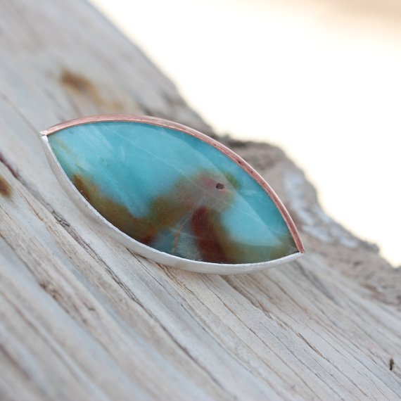 Large Amazonite Ring Sky Blue Copper Silver Marquise Cut Gemstone Shield Rust Wave Inclusion Southwestern Boho Statement Ring Design  - Woge