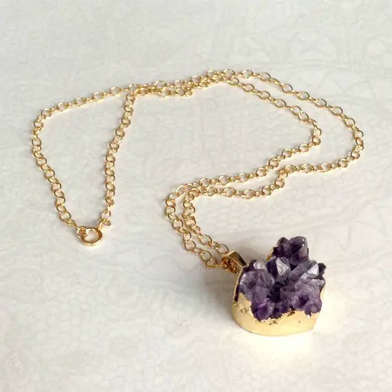 Amethyst Druzy Necklace - February Birthstone - Purple Heart Pendant - Gold - Valentine Jewelry - Long