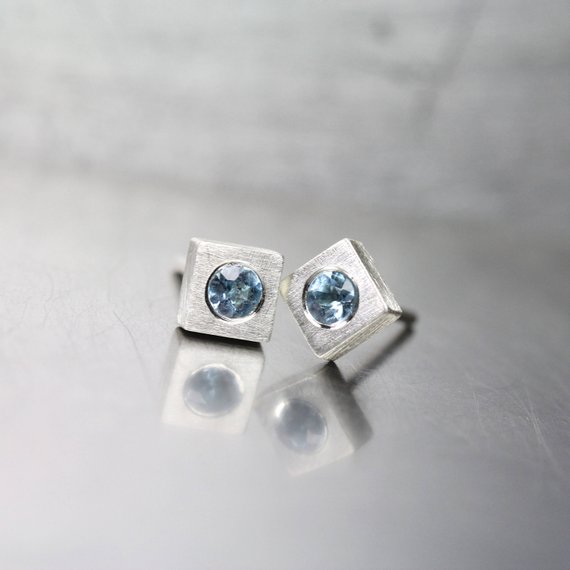 Minimalistic Aquamarine Stud Earrings March Birthstone Sterling Silver Squares Pale Sky Blue Gemstones Gift Idea For Her - Himmelseckchen