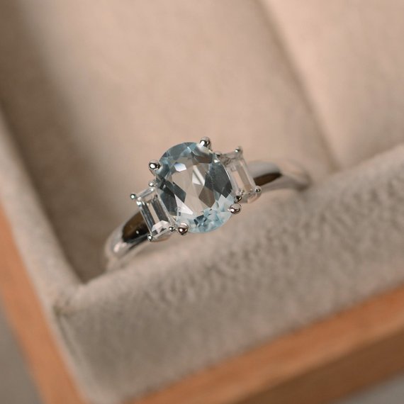 Aquamarine Ring, Oval Cut, Three Stone, March Birthstone, Anniversary Ring