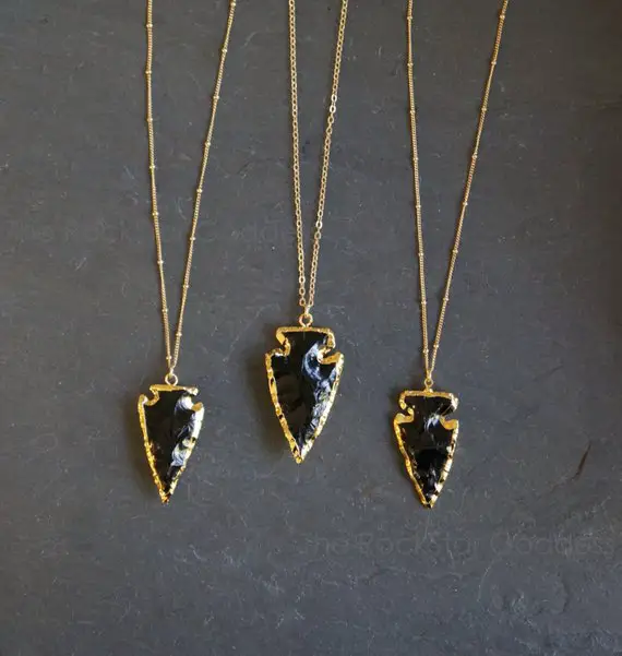 Black Obsidian Necklace, Raw Obsidian Necklace, Arrowhead Necklace, Gold Obsidian Necklace
