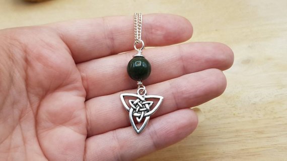 Bloodstone Celtic Knot Triquetra Pendant. March Birthstone. Silver Plated Green Reiki Jewelry Uk. 10mm Stone