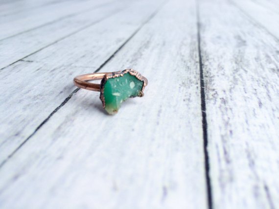 Sale Chrysoprase Ring | Raw Chrysoprase Crystal Ring | Green Chrysoprase And Copper Ring | May Birthstone Ring | May Birthstone Jewelry