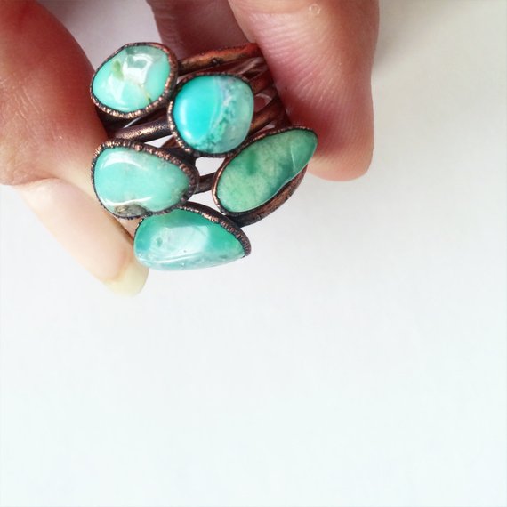 Chrysoprase Ring | Tumbled Chrysoprase Crystal Ring | Green Chrysoprase And Copper Ring | May Birthstone Jewelry | May Birthstone Ring