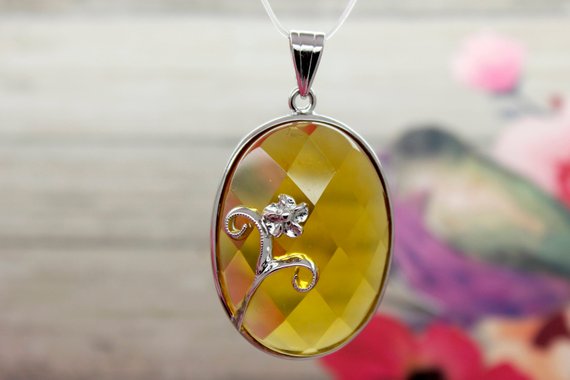 Natural Citrine Pendant Citrine Faceted Oval Gemstone Pendant Silver Plated