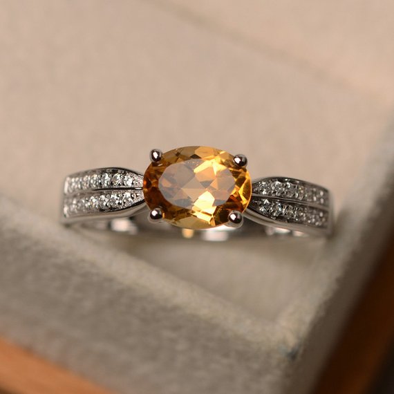 Yellow Citrine Ring, Oval Cut Engagement Ring, November Birthstone Ring, Proposal Ring For Women