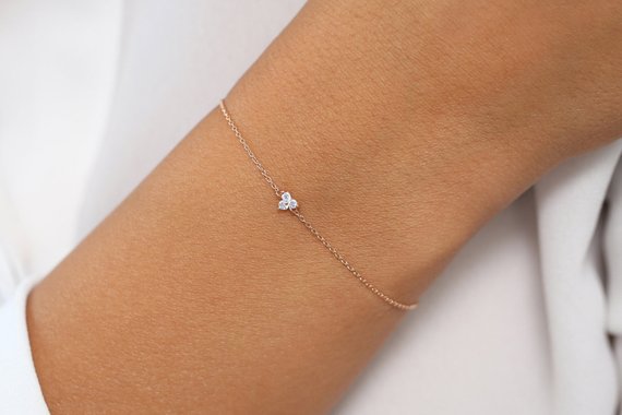 Diamond Bracelet / 14k Gold Round Cut Diamond Trio Cluster Bracelet / Three Diamond Floating Bracelet / Everyday Jewelry / Gift For Mom