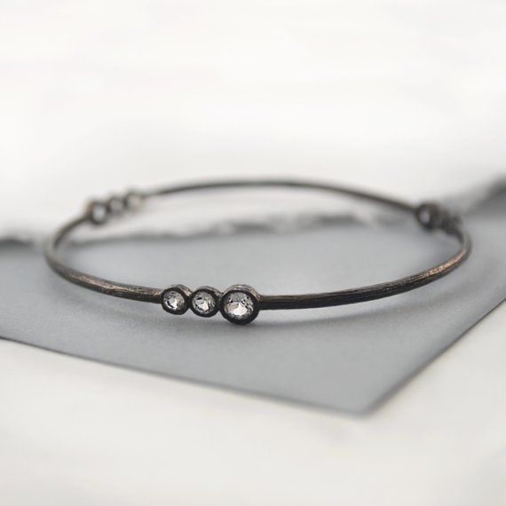Black Silver Bangle Textured Silver Bracelet Gemstone Bangle Edgy Jewelry Oxidised Silver 925 Bracelet Rustic Bangle Diamond Bracelet