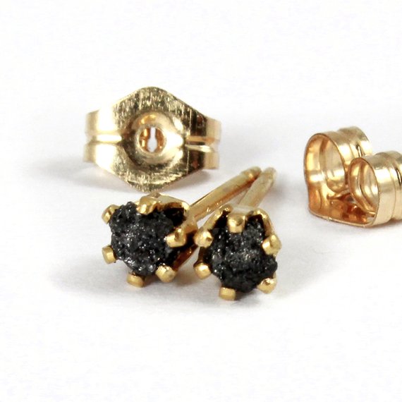 3mm Rough Diamond Stud Earrings - 14k Gold Filled Posts - Black Raw Diamonds - April Birthstone