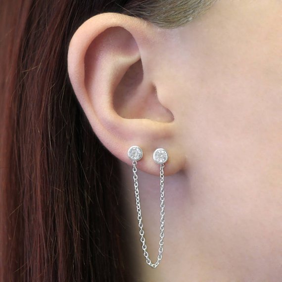Double Stud Earrings, 925 Silver Chain Earrings, Diamond Stud Earrings, Drop Earrings, Edgy Earrings, 925 Silver Earrings, Simple Earrings