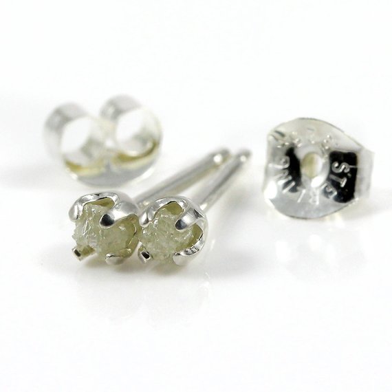 White Diamond Ear Studs - 3mm Tiny Post Earrings, Four Prongs - Raw Rough Diamonds On Silver Posts - Natural Conflict Free Diamonds