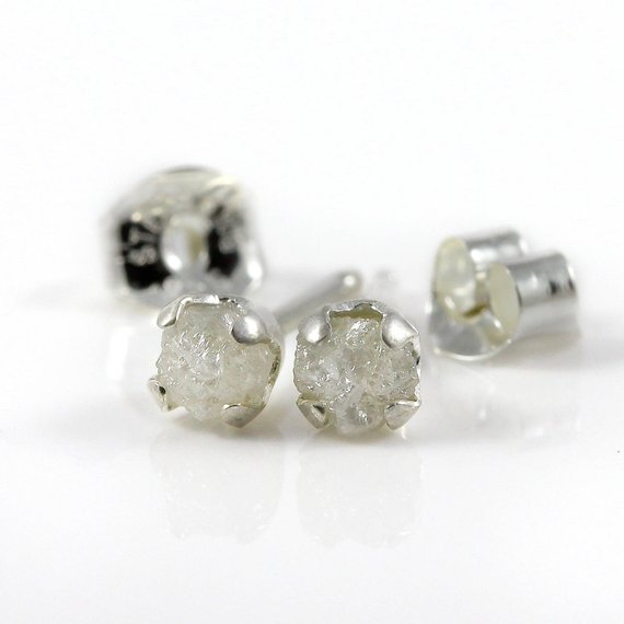 White Rough Diamond Studs - 4mm Post Earrings, Four Prongs - Raw Uncut Unfinished Diamonds On Silver Posts - Natural Conflict Free Diamonds