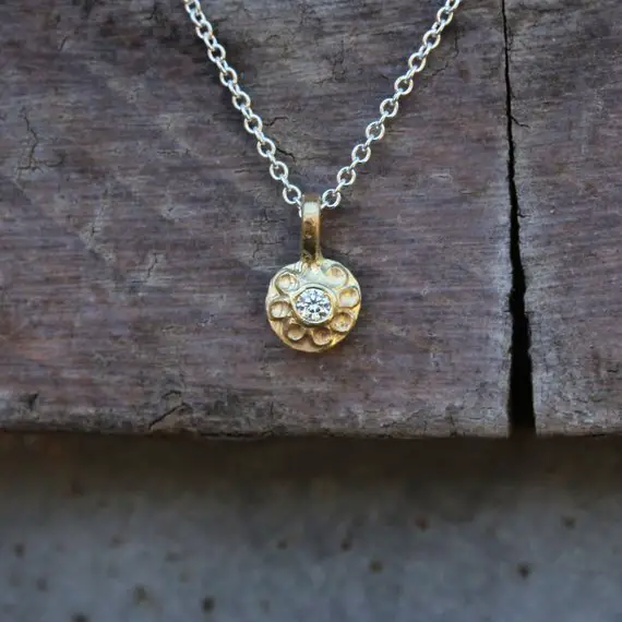 Tiny 18k Yellow Gold Diamond Flower Necklace Delicate Silver Chain Spring Primitive Rustic Boho Petite Sunflower Charm - Sonnenblümchen