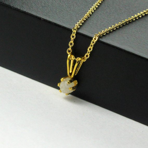 3mm Rough Diamond Pendant Necklace In 14k Gold Filled - White Stone, Raw, Uncut - April Birthstone - Birthstone Gift
