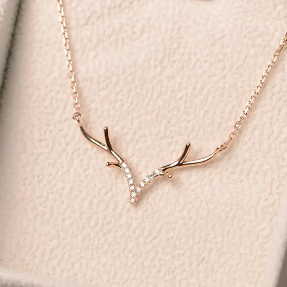 Antler Necklace, Anlter Pendant, Diamond Necklace, Rose Gold, Christmas Gift For Women