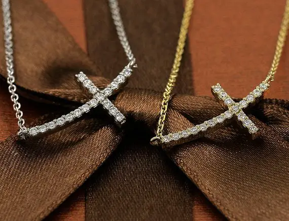 14k Diamond Sideway Cross Necklace / Diamond Necklace / Cross Necklace / Cross Pendant / Diamond Pendant / Everyday Necklace / White Gold