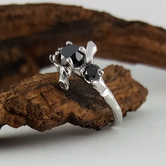 Black Diamond Twig Engagement Ring, 3 Black Diamond Solitaire Ring, Hand Sculpted By Dv Jewelry Designs