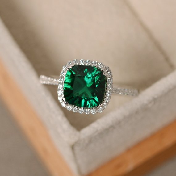 Emerald Engagement Ring, Sterling Silver, Cushion Cut, Emerald Gemstone Ring
