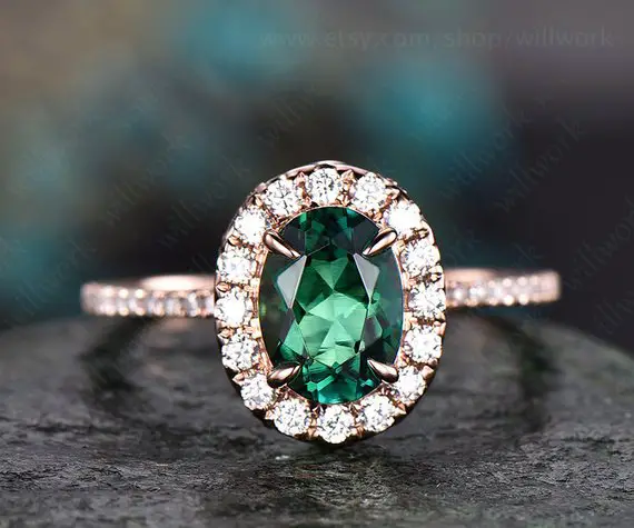 Green Emerald Engagement Ring Solid 14k Yellow Gold Real Diamond Ring Moissanite Halo Ring May Birthstone Oval Vintage Weddig Promise Ring