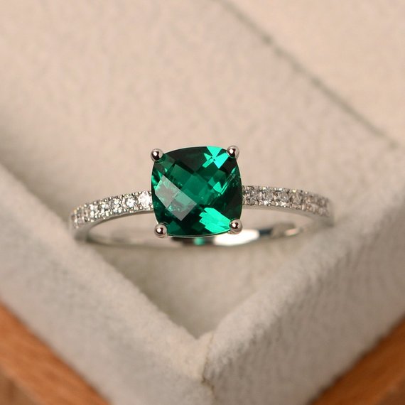 Emerald Ring, Emerald Engagement Ring, Sterling Silver, Anniversary Ring, Cushion Cut,may Birthstone