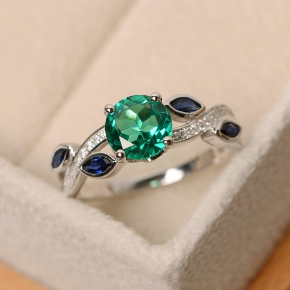Emerald Ring, Green Emerald Ring, Multistone Ring, Leaf Ring, Sterling Silver, Ring Emerald, Emerald Engagement Ring