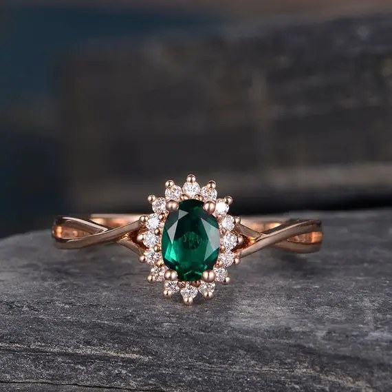 Lab Emerald Engagement Ring Rose Gold Diamond Birthstone May Diana Princess Ring Halo Floral Flower Infinity Eternity Oval Halo Anniversary
