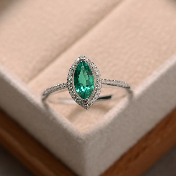 Lab Grown Emerald Ring, Sterling Silver, Marquise Cut Ring, Engagement Ring