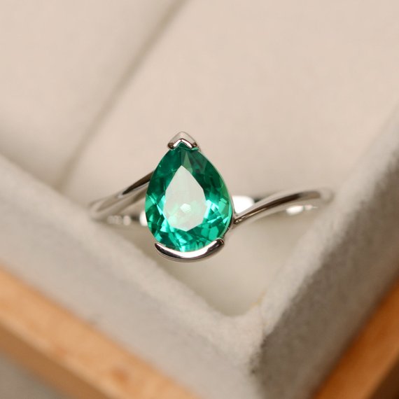 Emerald Ring, May Birthstone, Pear Cut Ring, Green Emerald, Promise Ring