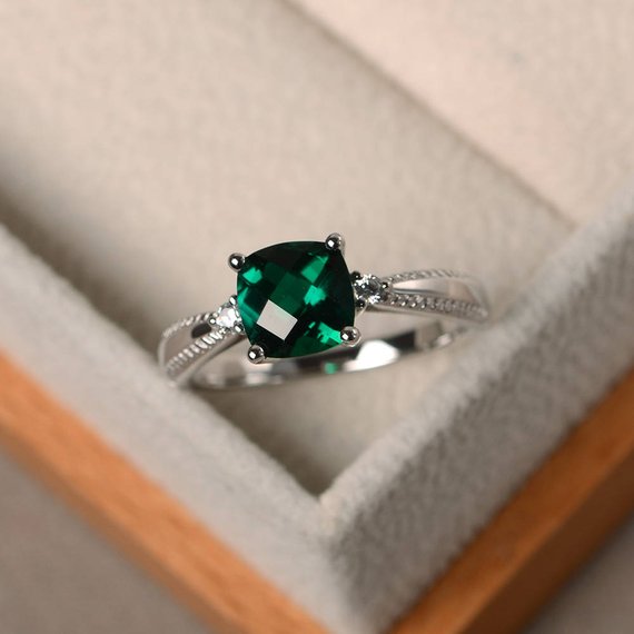 Emerald Rings, Sterling Silver, Engagement Ring, May Birthstone Rings, Cushion Checkerboard Cut