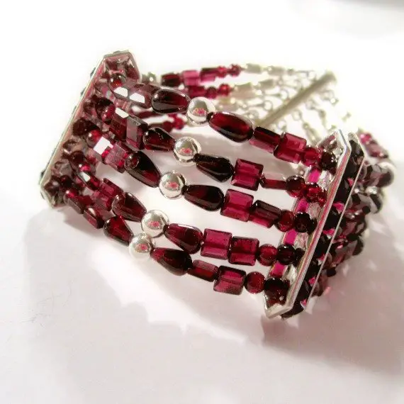 Red Garnet Bracelet - January Birthstone Jewelry - Sterling Silver Jewellery - Multi Strand - Crimson - Natural Gemstone - Beaded B-109