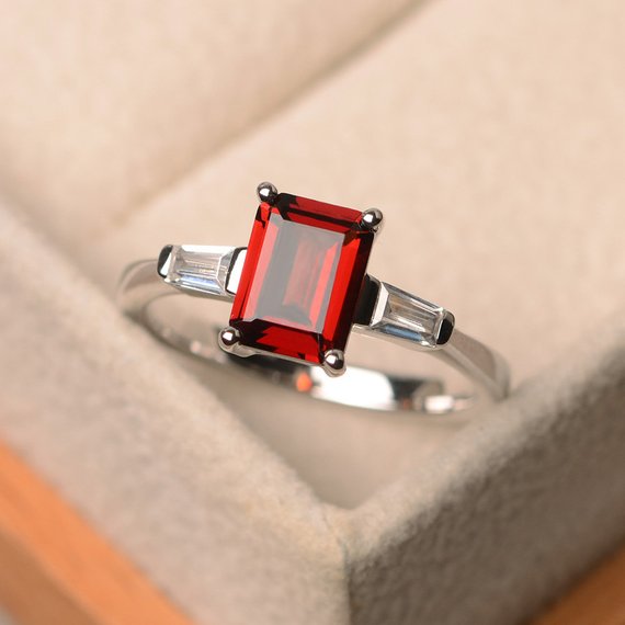 Natural Garnet Ring, Silver Promise Ring, Emerald Cut Red Gemstone, Art Deco Ring, January Birthstone