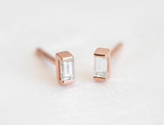 Gold Diamond Jewelry, Diamond Studs Earring, Baguette Diamond, Minimalist Earrings, Anniversary Gift, Wedding Earrings, Gold Diamond Earring