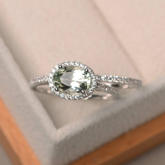 Natural Green Amethyst Ring, Wedding Ring, Oval Cut Gemstone, Green Gemstone, Sterling Silver Ring, Bridal Sets