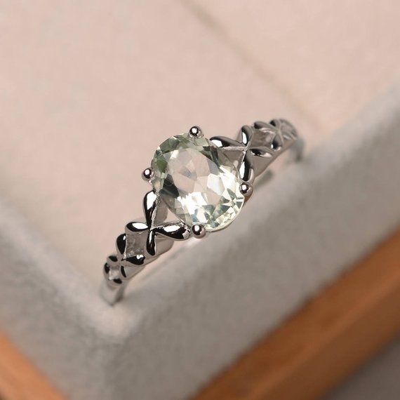 Green Amethyst Ring, Oval Cut, Solitaire Ring, Sterling Silver, Engagement Ring For Women
