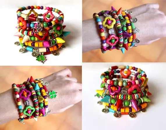 Hippie Boho Bracelet, Multicolor Bohemian Cuff, Colorful Gypsy Bracelet, Multistrand Spike Bracelet, Four Leaf Clover Jewelry, Wrapped Cuff