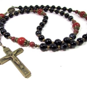 Shop Red Jasper Necklaces! Red Jasper and Black Sardonyx Rosary Necklace, Mens Bronze Cross Necklace, Handmade Mens Gemstone Rosary Necklace, Christian Gift + Gift Box | Natural genuine Red Jasper necklaces. Buy handcrafted artisan men's jewelry, gifts for men.  Unique handmade mens fashion accessories. #jewelry #beadednecklaces #beadedjewelry #shopping #gift #handmadejewelry #necklaces #affiliate #ad