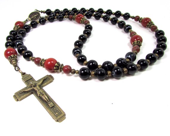 Red Jasper And Black Sardonyx Rosary Necklace, Mens Bronze Cross Necklace, Handmade Mens Gemstone Rosary Necklace, Christian Gift + Gift Box