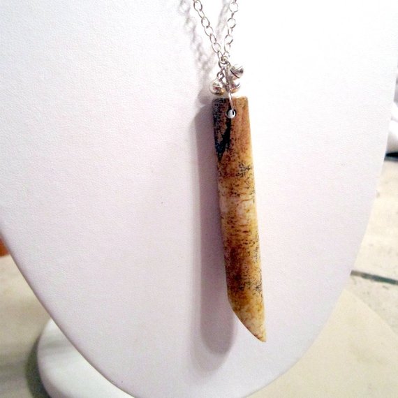 Long Sterling Silver Necklace Chain Jewelry Jasper Gemstone Jewellery Earth Tones Earthy Eclectic Pendant Stick Brown
